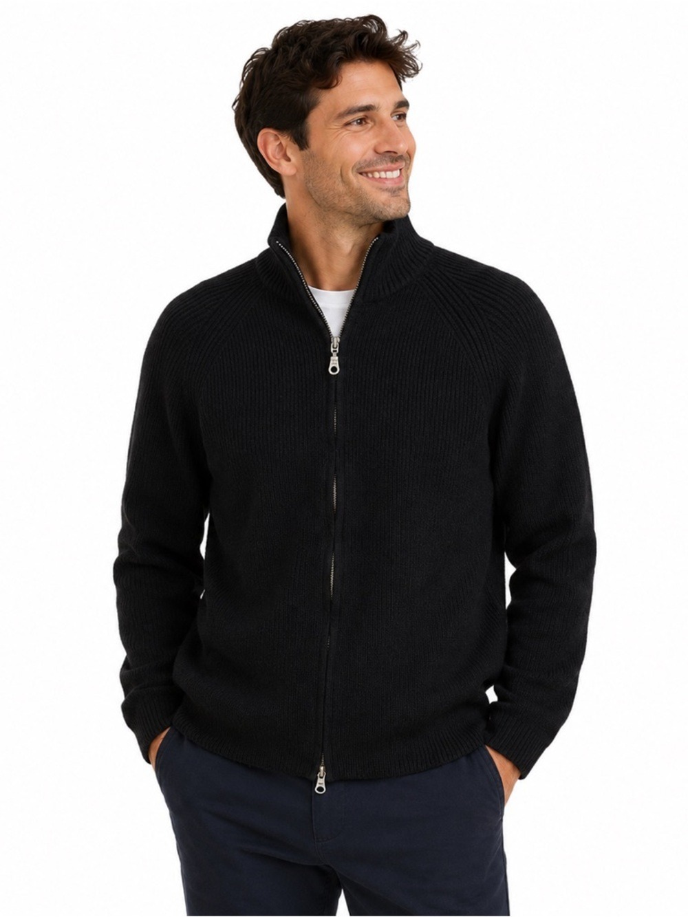 Eastside Westside Black 100% Wool Full‑Zip Sweater Men’s Large Classiccore